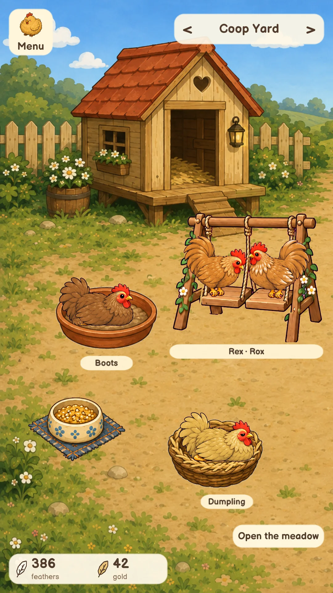 Chickens resting in a dust bath and basket and sharing a swing beside the wooden coop.