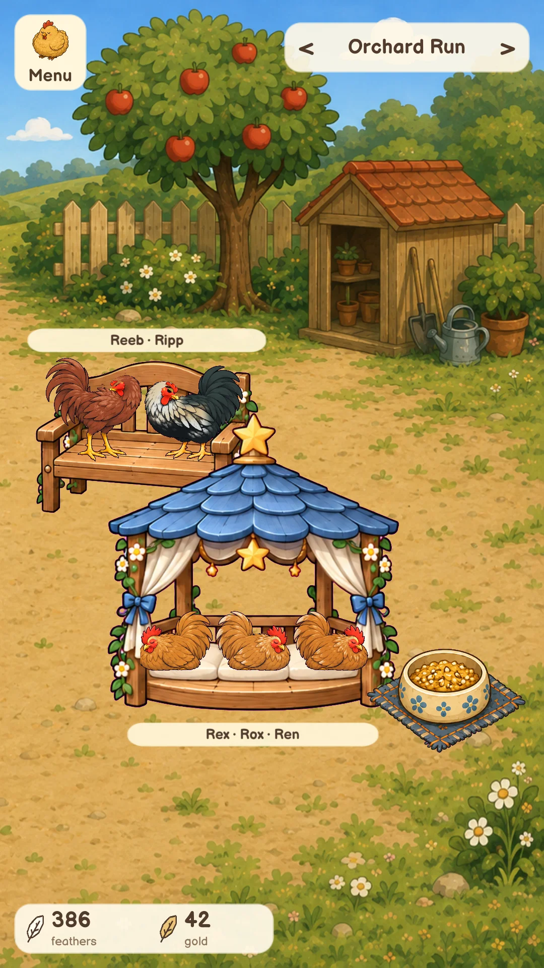 Five chickens sharing a garden bench and star-topped gazebo in the apple orchard.
