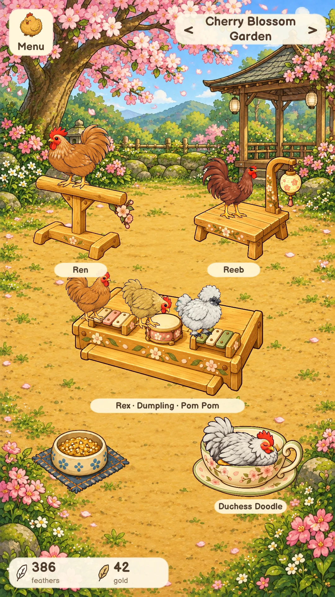 Chickens at a musical bandstand and resting among Cherry Blossom Garden decorations.