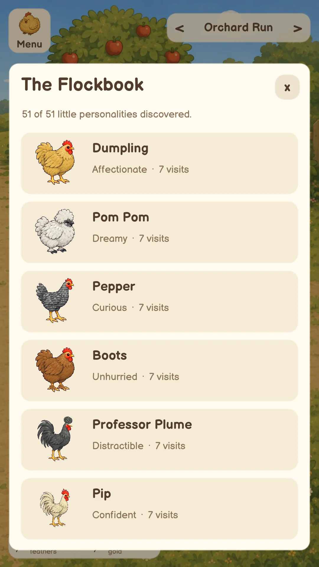 The Flockbook showing discovered chickens, portraits, personalities and visit counts.