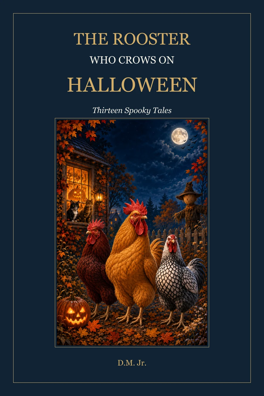 The Rooster Who Crows on Halloween: Thirteen Spooky Tales, by D.M. Jr. Rex, Reeb, and Ripp stand by pumpkins in a moonlit autumn yard.
